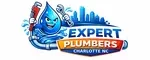 an image of plumbing tools, water and a water pipe alongside the Charlotte skyline within the Expert Plumbers Charlotte NC header logo representing the reliable plumbing services across Charlotte NC metro areas