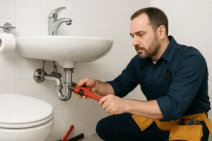 a plumber repairing a bathroom sink